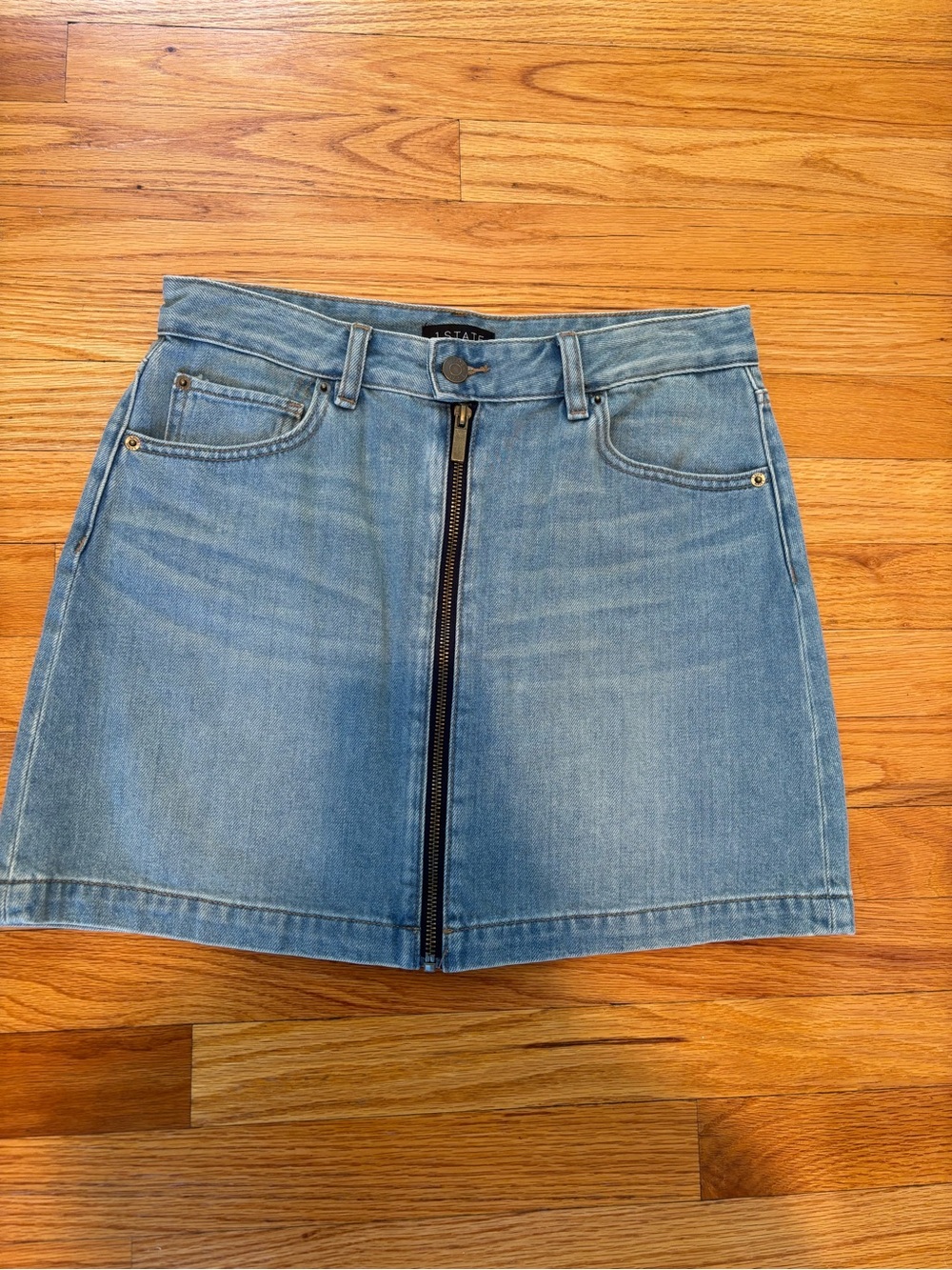 1. State Light Blue Denim Mini Skirt with Front Zip